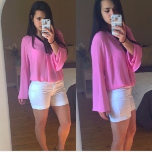 Elle Tops - Elle Pink Sheer Bell Sleeve Blouse with Black Trim